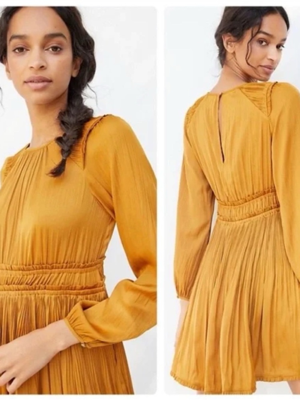 gold satin smocked dress by Maeve for Anthropologie